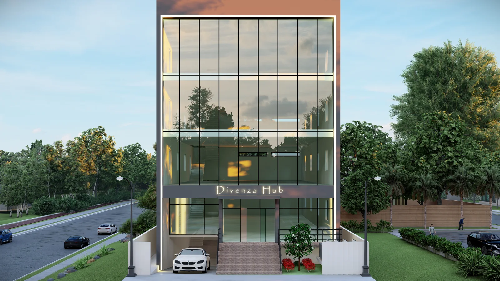 Divenza Hub — front elevation with full-height glass curtain wall