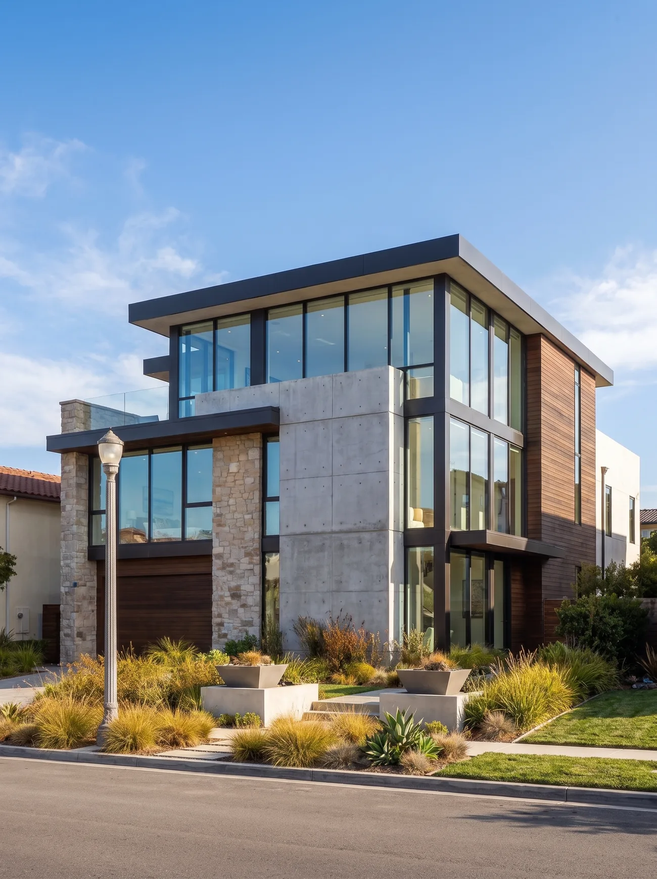 A custom Ciara Homes residence, glass-and-stone facade at dusk