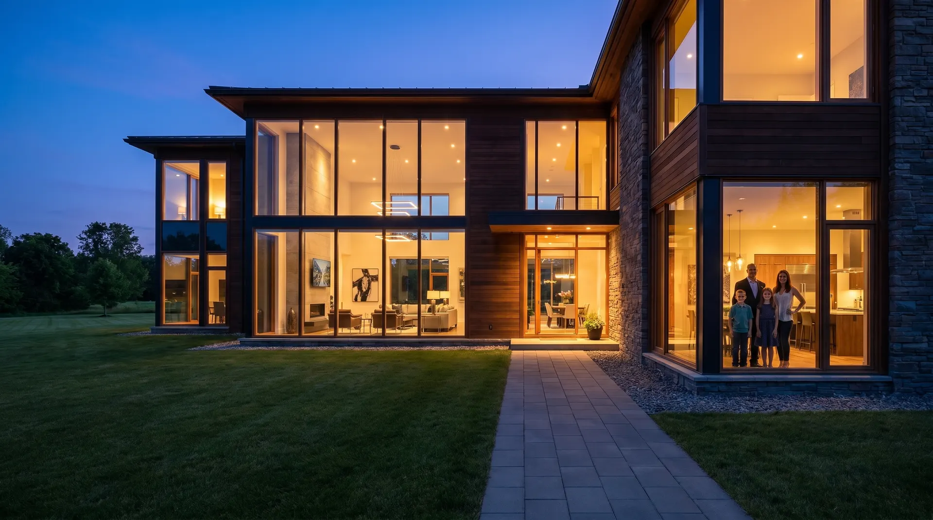 Finished, handed-over Ciara home lit at dusk